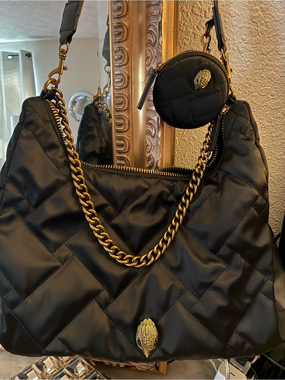 Kurt Geiger Black Quilted Shoulder Bag with Gold Chain and Coin Pouch
